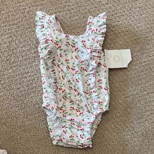 Proper Peony Cherry Print Ruffle  Swimsuit 12 months